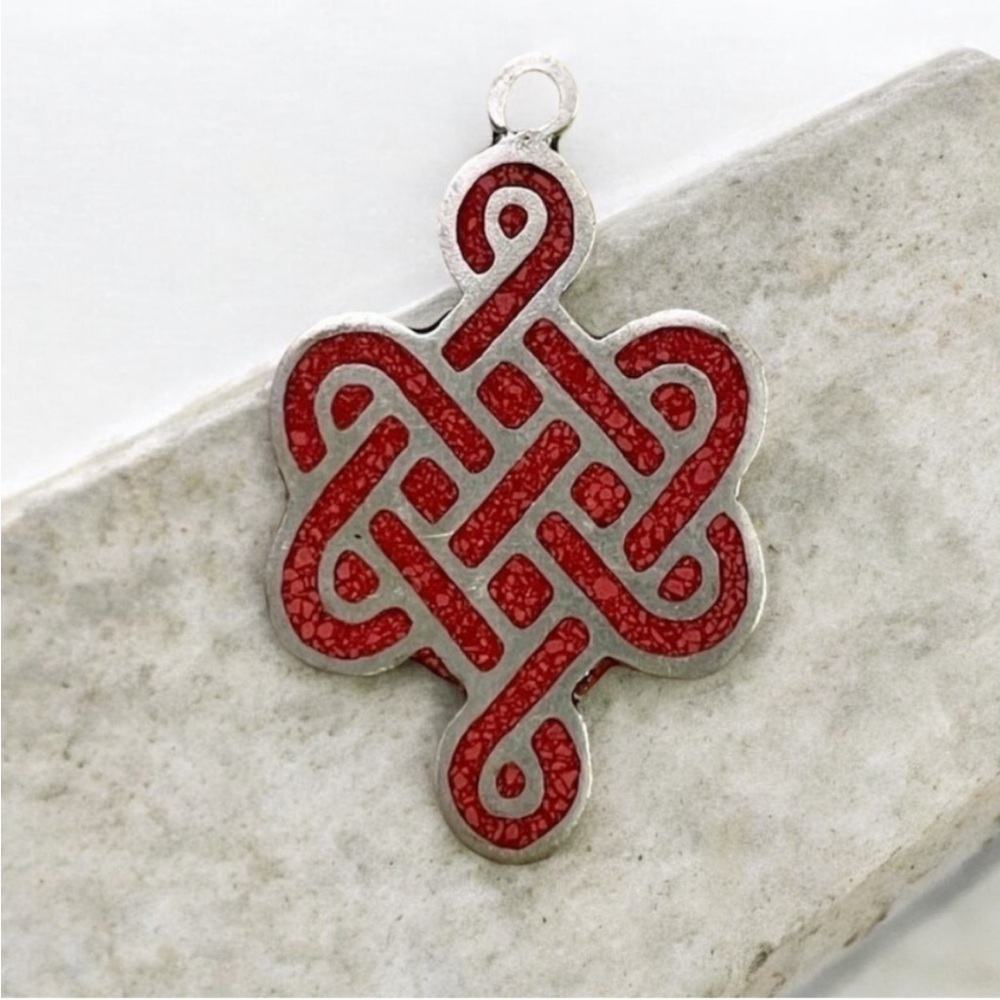 Red Coral Infinity Knot Tibetan Silver Pendant